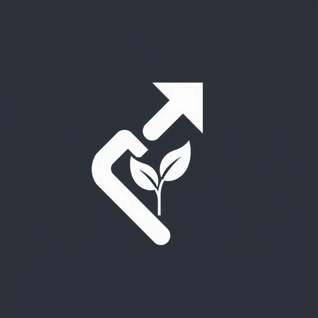 Iconiță stilizată reprezentând dezvoltare profesională, cum ar fi o săgeată ascendentă sau o plantă care crește.