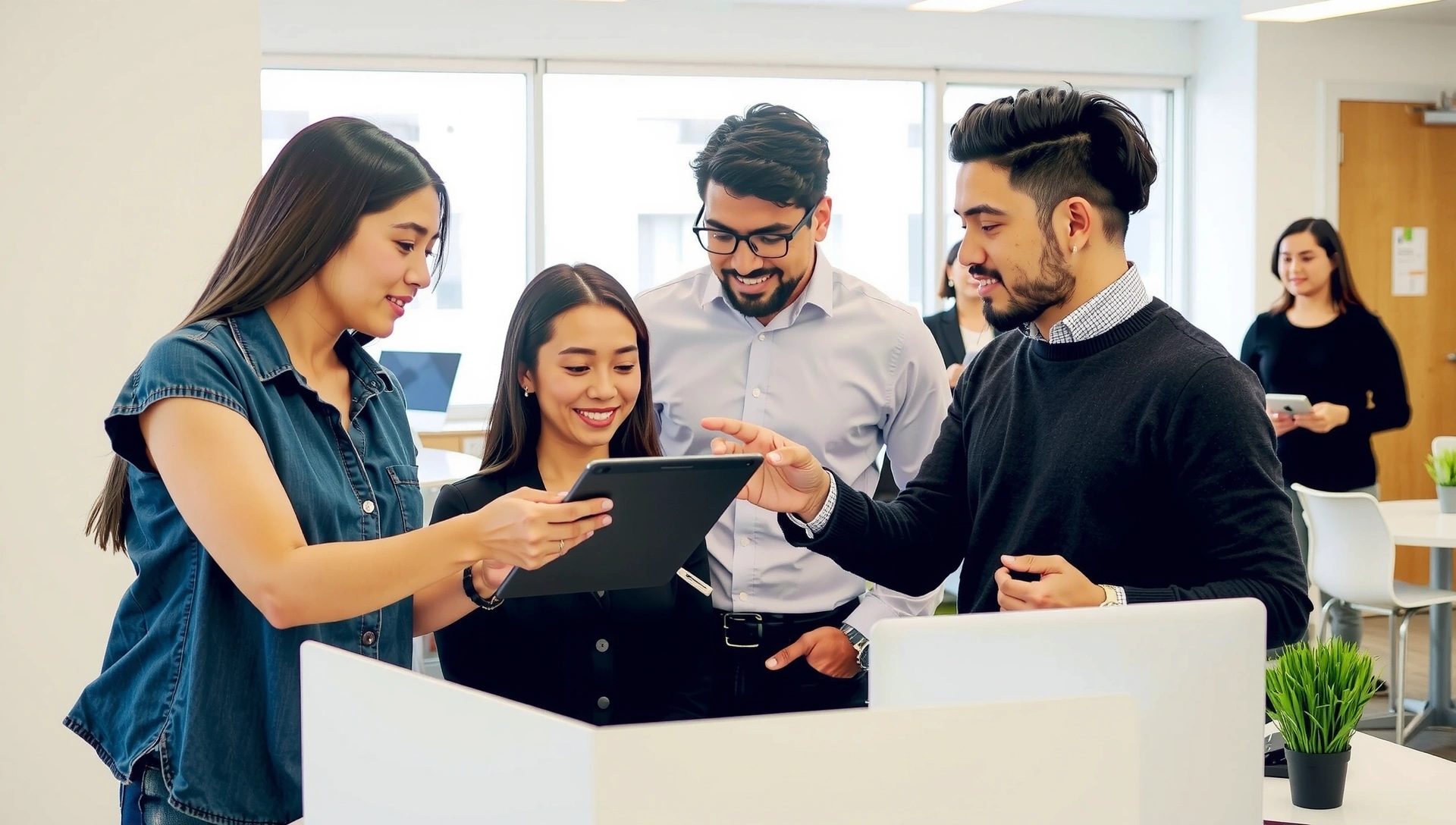 Imagine de fundal cu o echipă multiculturală lucrând împreună într-un birou modern, simbolizând creșterea și colaborarea.