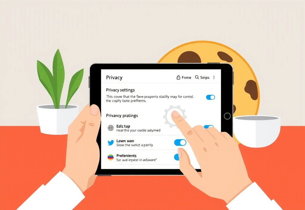Ilustrație cu o persoană care interacționează cu un ecran tactil afișând setări de confidențialitate și un gigant cookie stilizat în fundal.