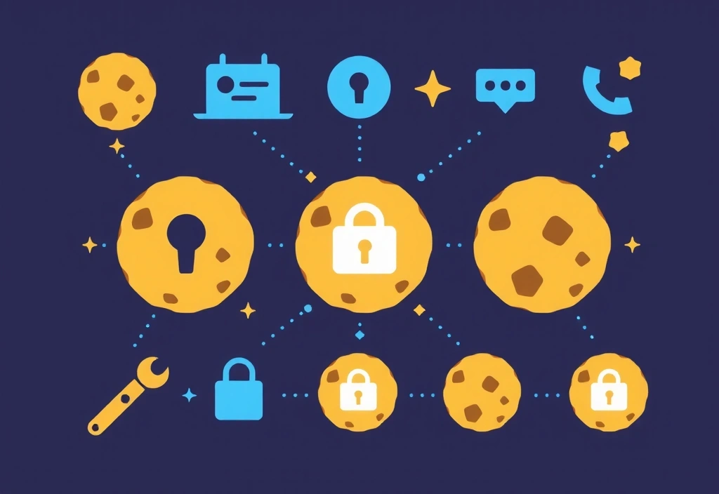 Ilustrație cu simboluri de cookie-uri și date, reprezentând confidențialitatea online și gestionarea datelor.