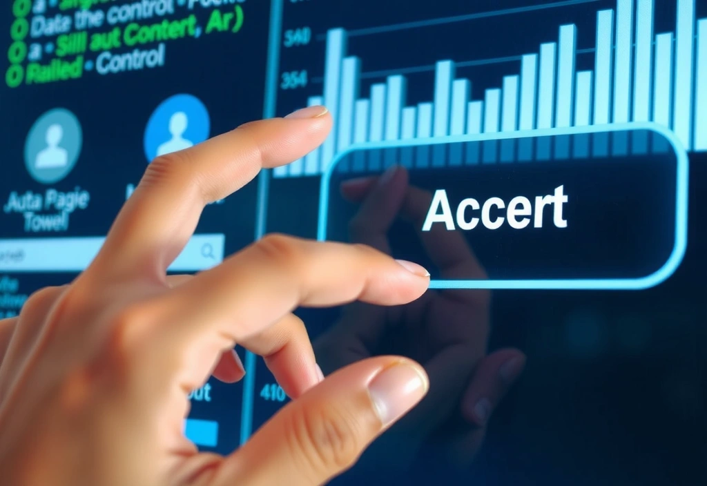 Mână apăsând un buton virtual de 'Accept' pe un ecran, ilustrând consimțământul