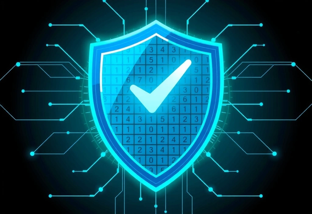 Scut digital cu un simbol de bifare, reprezentând securitatea cibernetică