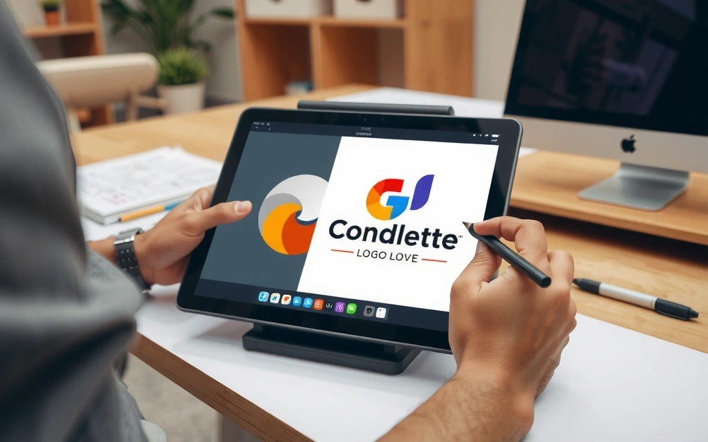 Designer grafic creând un logo pe tabletă