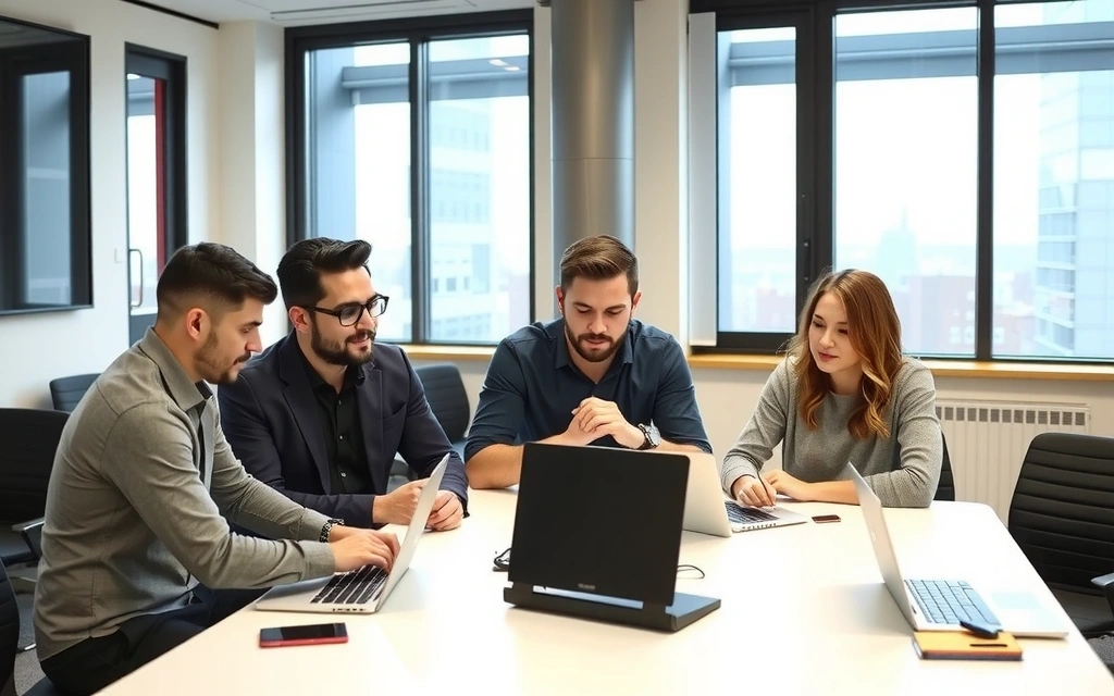 Echipa de marketing digital analizând date și strategii