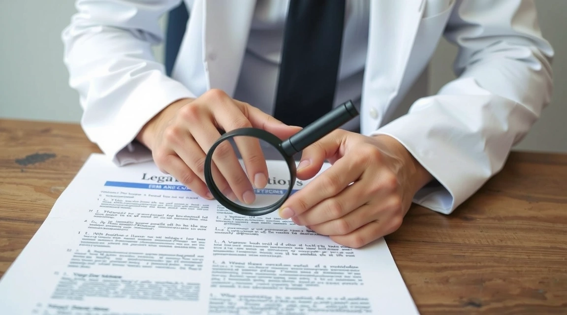 Человек, изучающий юридический документ с лупой, символизирующий внимательное чтение условий.