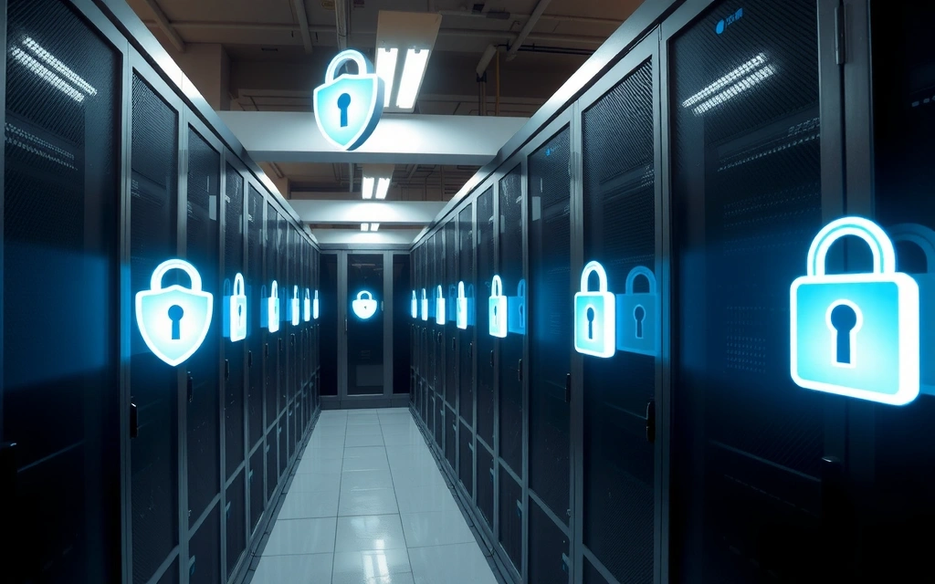 Защищенный сервер с цифровыми щитами и замками, символизирующий надежное хранение данных