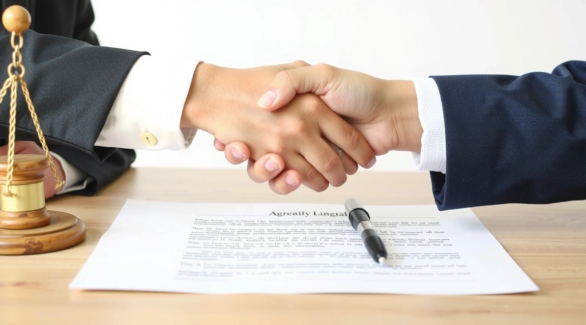 Два человека пожимают руки над юридическим документом, символизируя соглашение и ответственность.